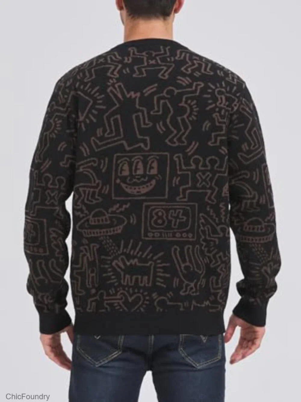 Men's Oversized Graffiti Graphic Knit Pullover Sweater Crewneck